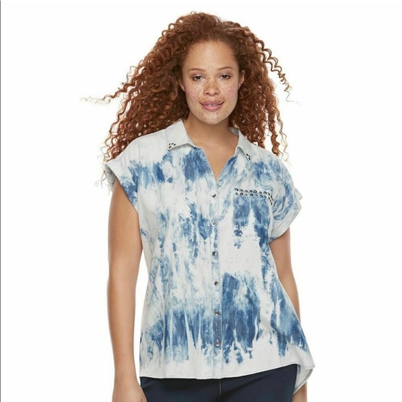 3/$20 Rock & Republic sleevless tie dye button down chambray shirt - Picture 1 of 7